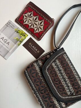 LAGA Handmade Brown & Black Crossbody Bag with Red & Brown Wallet